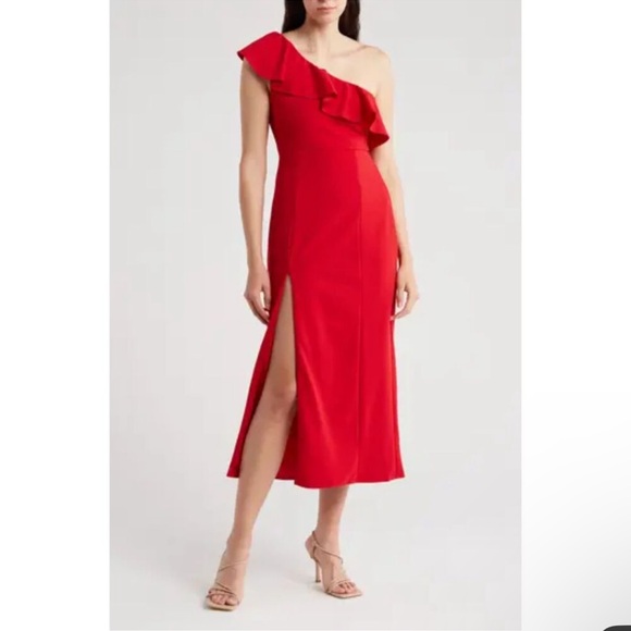 NWT Show Me Your MuMuFlorentine Red One Shoulder Midi Dress Ruffle Slit - Picture 1 of 5